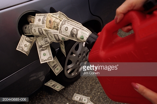 woman pouring money from fuel container into car fuel tank